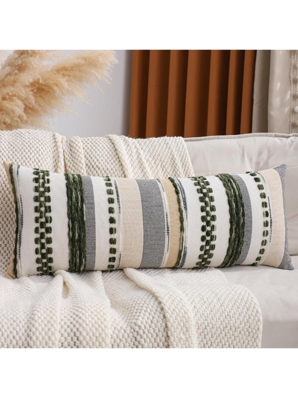 Boho Dark Green Lumbar Throw Pillow Cover 14x36 - Chic Home Decor Accent